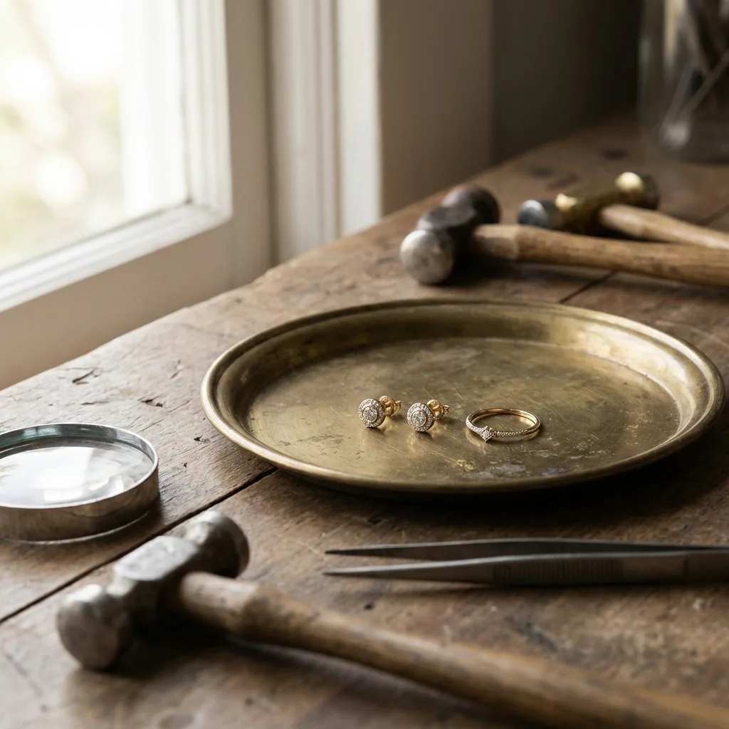 Rings on a brass tray in a still-life setting