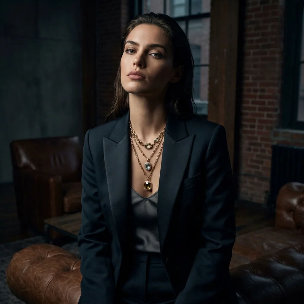 Woman in a blazer wearing layered necklaces