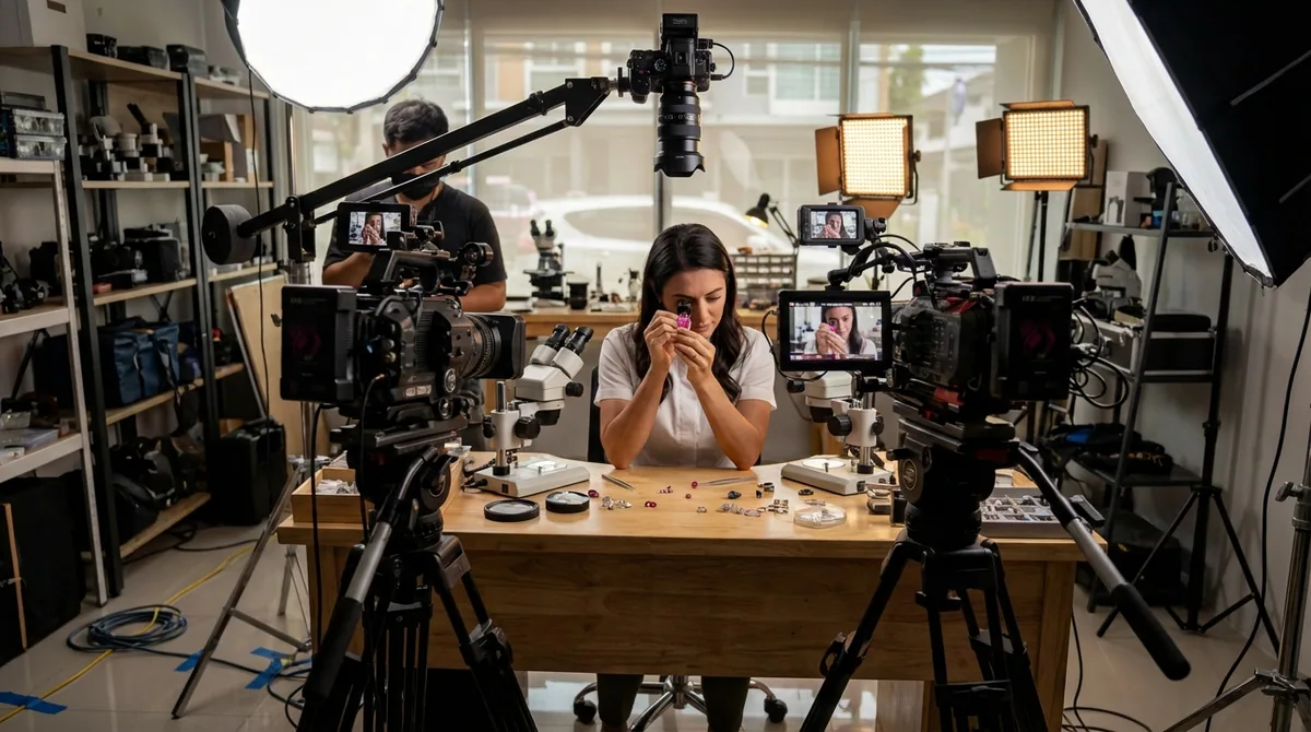Film crew shooting a jeweler at the bench